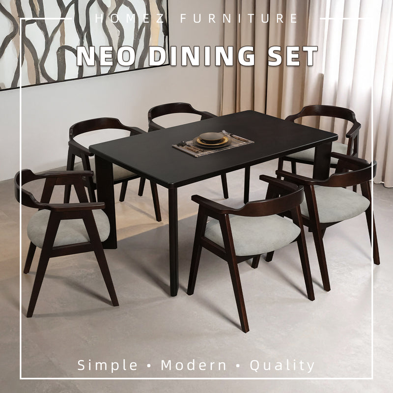 (EM) Neo Dining Set 6 Seater with Solid Rubberwood - DT-NEO(15090)-PS-SBH + DC-MARCO-PS-SBH (6 Seater)
