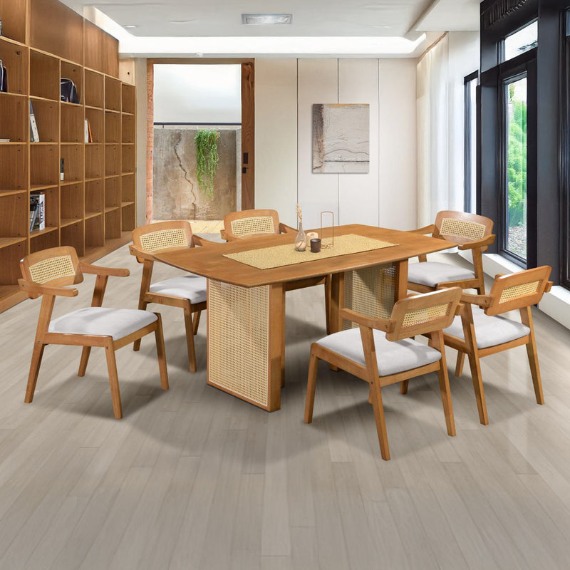 [FREE Shipping & FREE Installation] 6 Seater Solid Rubberwood with Rattan Dining Set Oak Walnut Scandinavian Rustic - MANCHESTER/WESTHAM/FULLHAM
