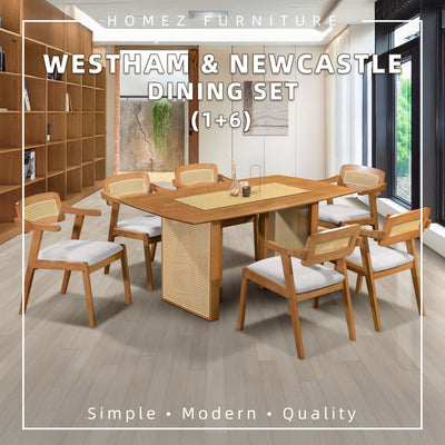 [FREE Shipping & FREE Installation] 6 Seater Solid Rubberwood with Rattan Dining Set Oak Walnut Scandinavian Rustic - MANCHESTER/WESTHAM/FULLHAM