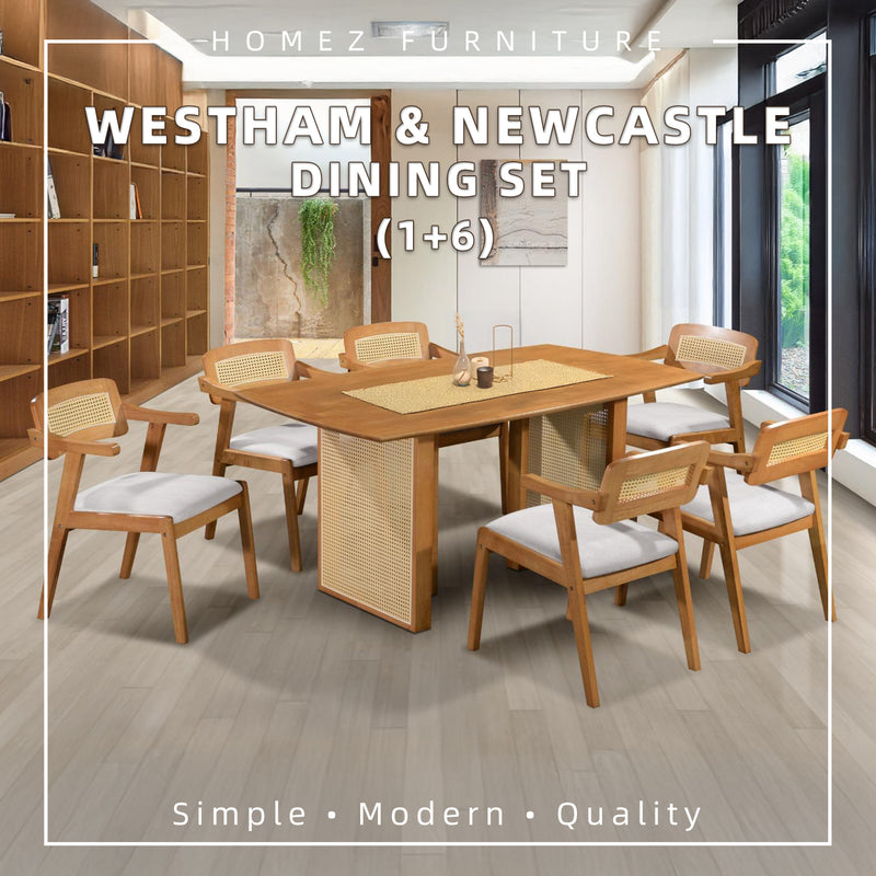[FREE Shipping & FREE Installation] 6 Seater Solid Rubberwood with Rattan Dining Set Oak Walnut Scandinavian Rustic - MANCHESTER/WESTHAM/FULLHAM