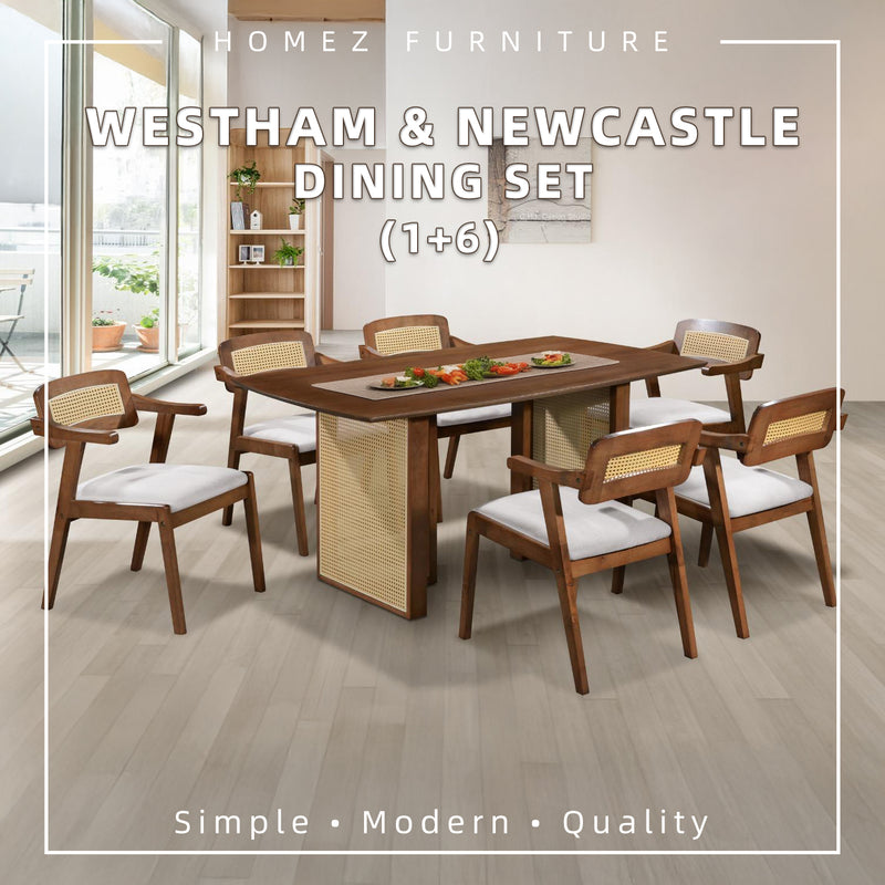 [FREE Shipping & FREE Installation] 6 Seater Solid Rubberwood with Rattan Dining Set Oak Walnut Scandinavian Rustic - MANCHESTER/WESTHAM/FULLHAM