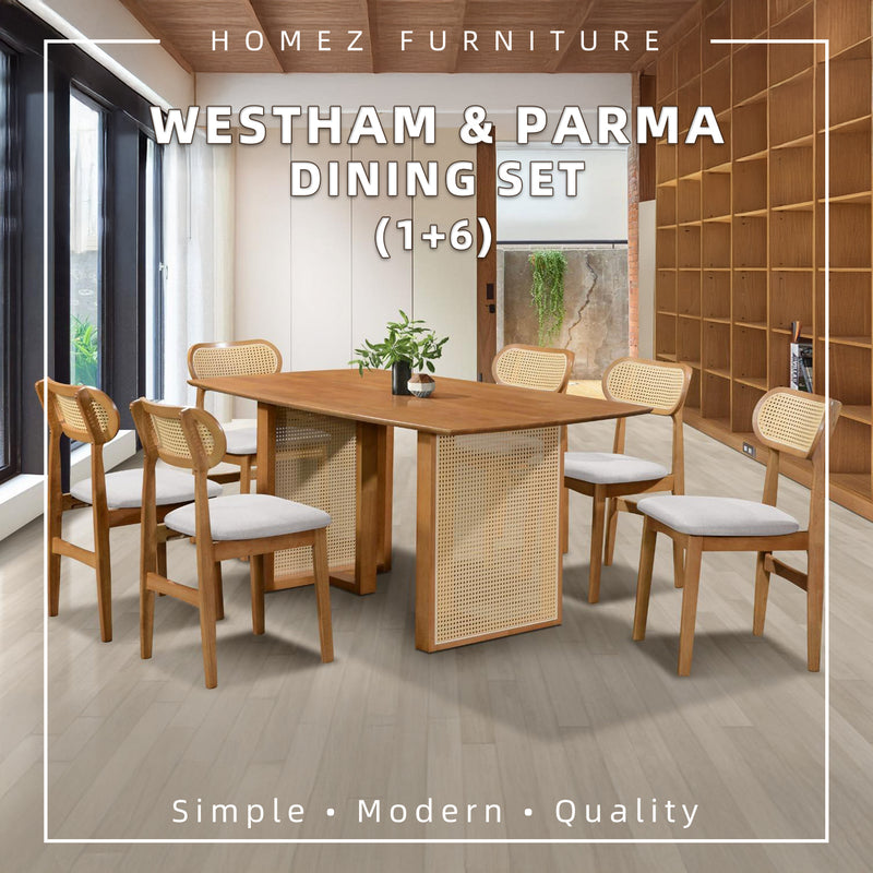 [FREE Shipping & FREE Installation] 6 Seater Solid Rubberwood with Rattan Dining Set Oak Walnut Scandinavian Rustic - MANCHESTER/WESTHAM/FULLHAM