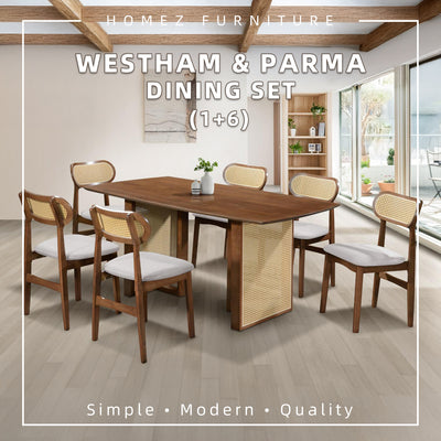 [FREE Shipping & FREE Installation] 6 Seater Solid Rubberwood with Rattan Dining Set Oak Walnut Scandinavian Rustic - MANCHESTER/WESTHAM/FULLHAM