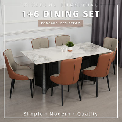 (FREE Shipping & FREE Installation) 4/6 Seater Porcelain (Ceramic) Table Top & Gold/Grey Metal Leg Dining Set + 4/6 PU Chair - Cream/Grey