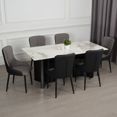 (FREE Shipping & FREE Installation) 4/6 Seater Porcelain (Ceramic) Table Top & Gold/Grey Metal Leg Dining Set + 4/6 PU Chair - Cream/Grey