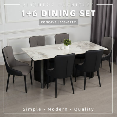 (FREE Shipping & FREE Installation) 4/6 Seater Porcelain (Ceramic) Table Top & Gold/Grey Metal Leg Dining Set + 4/6 PU Chair - Cream/Grey