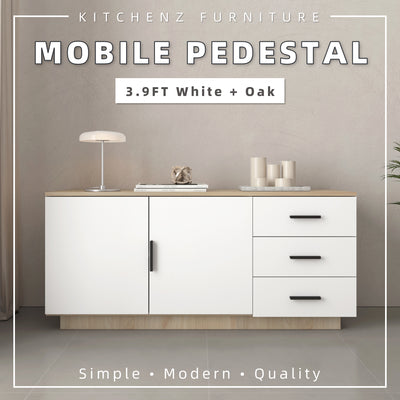 (FREE Shipping) 3.9FT Full Melamine Mobile Pedestal Display Cabinet Natural Oak+White - HMZ-FN-MP-M7807-LH+WT