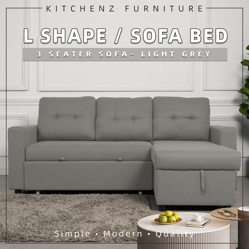 (EM) KitchenZ 3 Seater Linen Fabric L Shape Multifunctional Sofa Bed with Storage Box Dark/Light Grey-6081