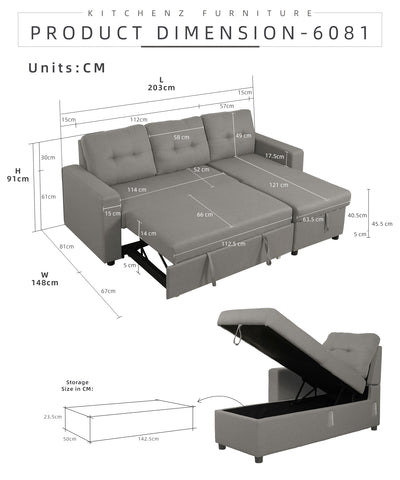(EM) 3 Seater Linen Fabric L Shape Multifunctional Sofa Bed with Storage Box Dark/Light Grey-6081