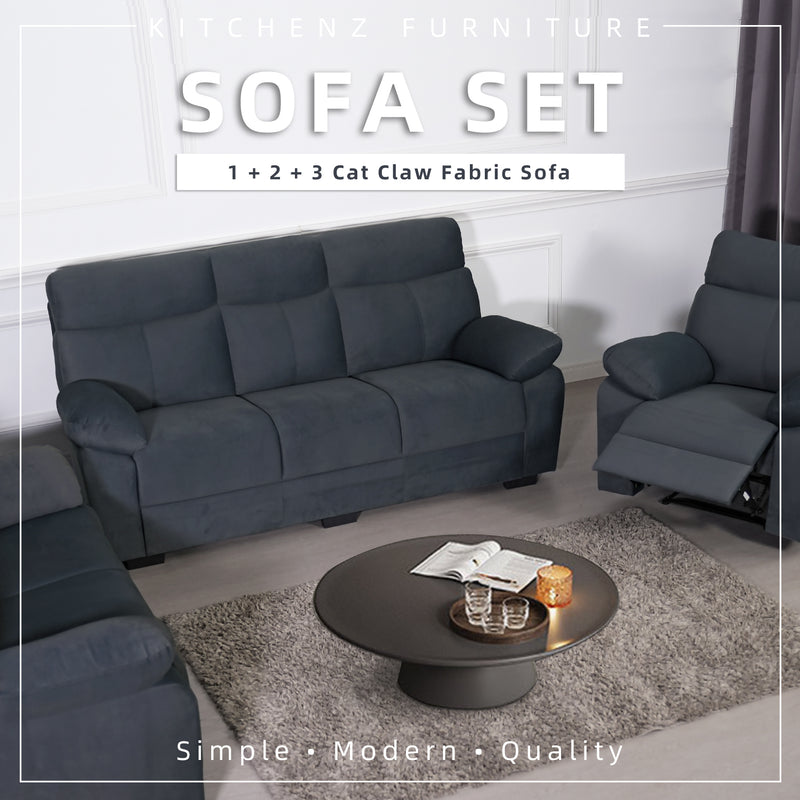 (FREE Shipping & Free Installation) Sofa Set 1+2+3 Seater Recliner Seat Dark Grey Cat Claw Fabric / Modern Classic / Wood Legs-HMZ-FN-SF-FBG261-DGY-FULL