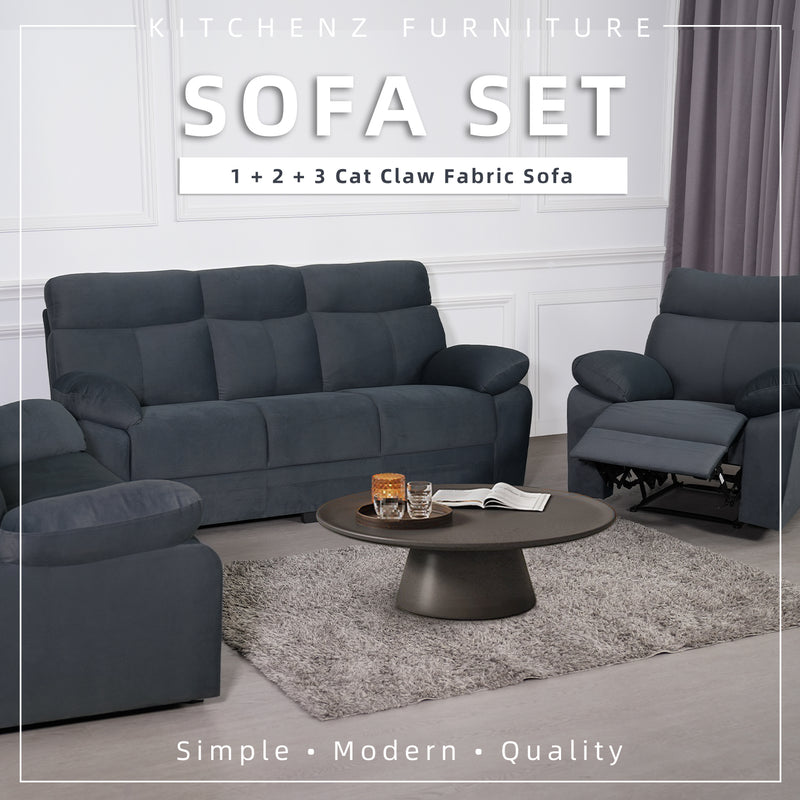 (FREE Shipping & Free Installation) Sofa Set 1+2+3 Seater Recliner Seat Dark Grey Cat Claw Fabric / Modern Classic / Wood Legs-HMZ-FN-SF-FBG261-DGY-FULL