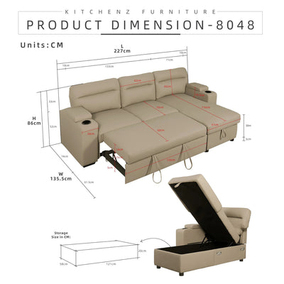 [PERFECT COMBO 3in1] - FREE SHIPPING 7.4FT 3 Seater Pet Friendly L Shape Multifunctional Sofa Coffee Table Free Gift 3-Tier Trolley Rack Living Room Combo Set - S8048-CL/GY+2905-WT+3TIER-WT