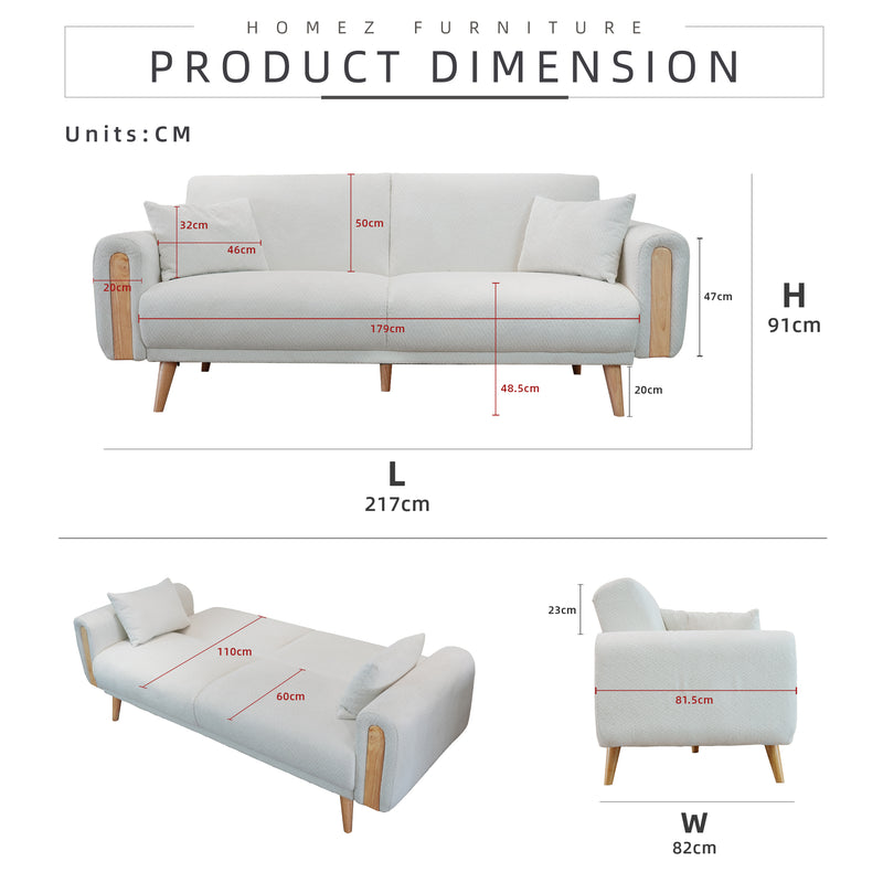 (FREE Shipping) 3 Seater Sofa Bed With Solid Foam and Pocket Spring + Full Rubber Wood Base - ZLB075