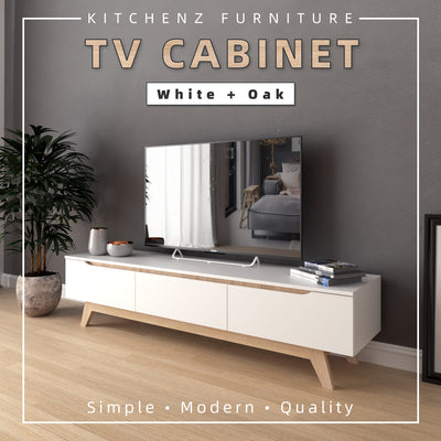 [COMBO] Jordan Alexi Simona Combo Set Queen Bed Frame / 3 Doors Wardrobe / Side Table / Coffee Table / TV Cabinet / Display Cabinet-Oak+White/Black