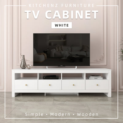 6FT TV Cabinet 4 Shelves & 4 Drawers Multi Storage Media Furniture Kabinet White Gold Knob Handle - 5918-WT+GD