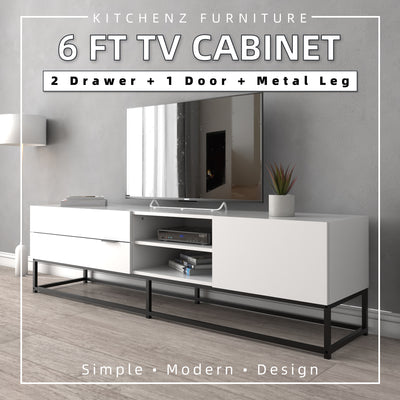 (EM) 6FT Neva Series TV Cabinet / TV Rack / TV Console with Black Metal Leg-HMZ-FN-TC-N1800-WT