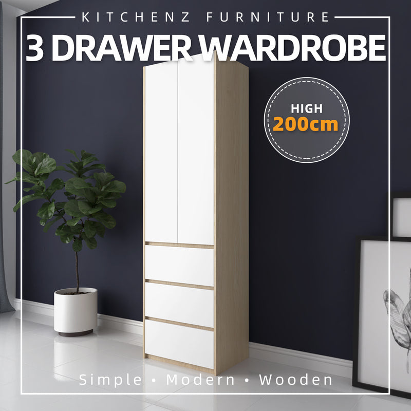 200cm High 2 Door Wardrobe 3 Drawer Solid Board / Almari Pakaian-HMZ-FN-WD-6007
