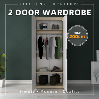 (EM) 200cm High 2 Door Wardrobe With Matte Black Handle and Hanging Rod / Almari Baju / Almari Pakaian-HMZ-FN-WD-6009