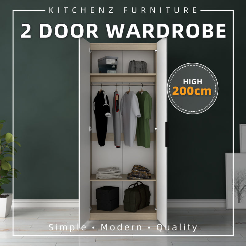 (EM) 200cm High 2 Door Wardrobe With Matte Black Handle and Hanging Rod / Almari Baju / Almari Pakaian-HMZ-FN-WD-6009