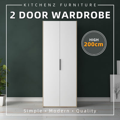 (EM) 200cm High 2 Door Wardrobe With Matte Black Handle and Hanging Rod / Almari Baju / Almari Pakaian-HMZ-FN-WD-6009