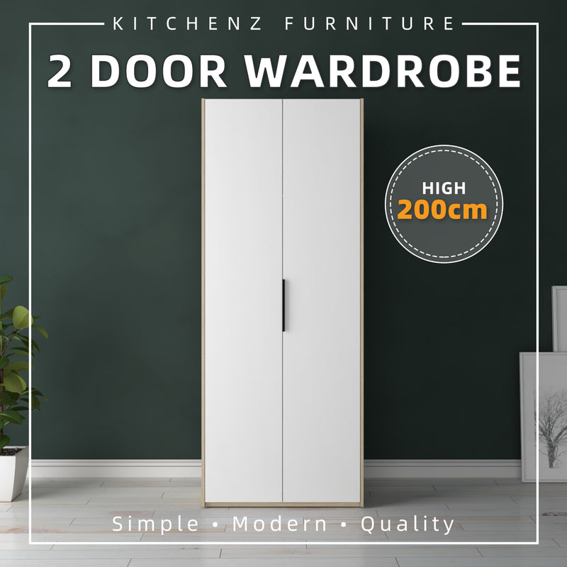 (EM) 200cm High 2 Door Wardrobe With Matte Black Handle and Hanging Rod / Almari Baju / Almari Pakaian-HMZ-FN-WD-6009