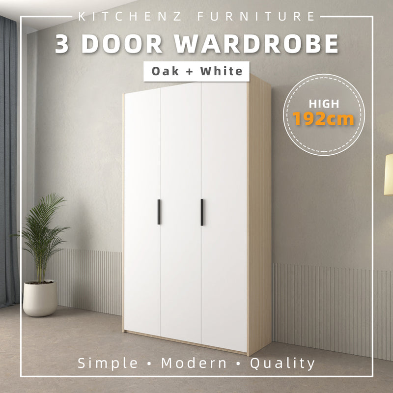 192cm High 3 Door Wardrobe With Matte Black Plastic Handle / Almari Baju / Almari Pakaian-HMZ-FN-WD-6018