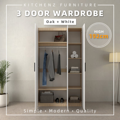 192cm High 3 Door Wardrobe With Matte Black Plastic Handle / Almari Baju / Almari Pakaian-HMZ-FN-WD-6018