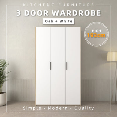 192cm High 3 Door Wardrobe With Matte Black Plastic Handle / Almari Baju / Almari Pakaian-HMZ-FN-WD-6018