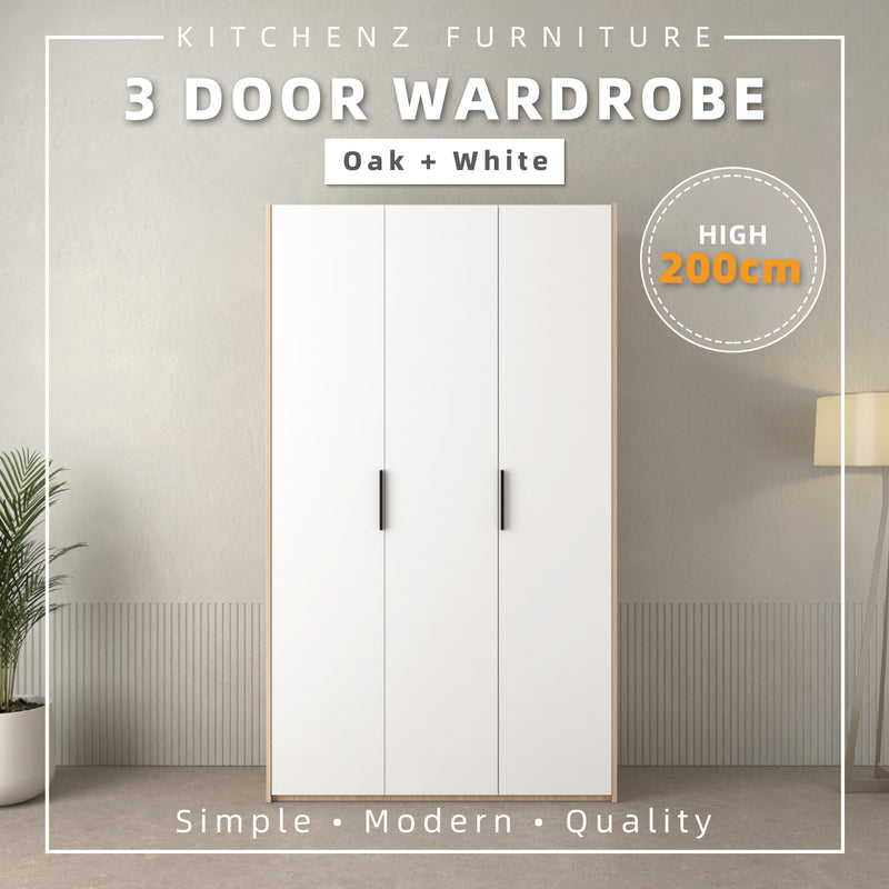 (EM) 200cm High 3 Door Wardrobe With Matte Black Metal Handle / Plastic Handle / Almari Baju / Almari Pakaian-HMZ-FN-WD-6008/6018