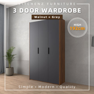 192cm High 3 Door Wardrobe With Matte Black Plastic Handle / Almari Baju / Almari Pakaian-HMZ-FN-WD-6018