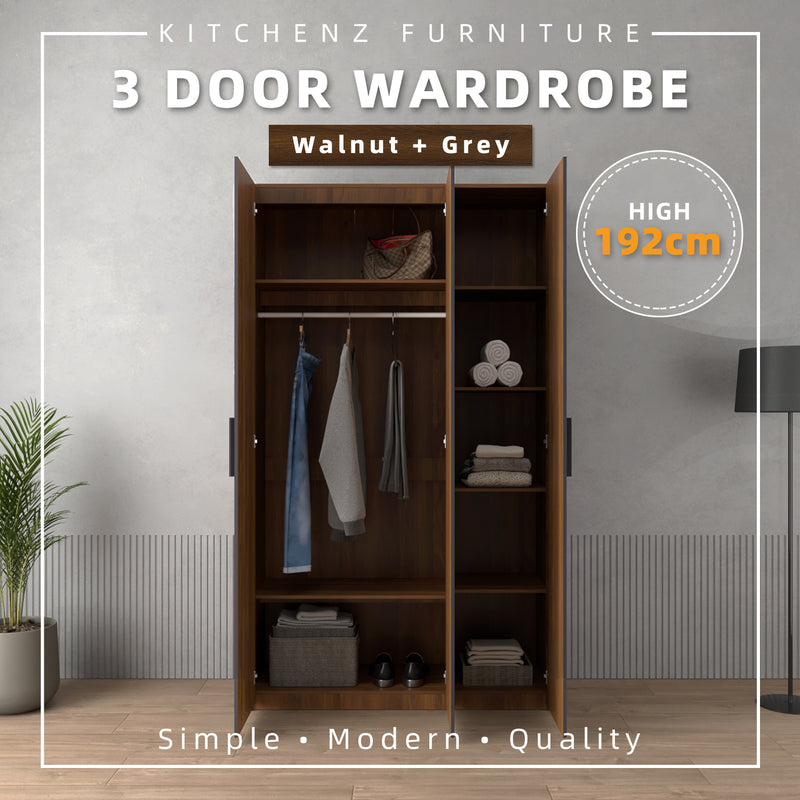 192cm High 3 Door Wardrobe With Matte Black Plastic Handle / Almari Baju / Almari Pakaian-HMZ-FN-WD-6018