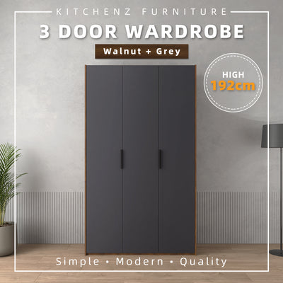 192cm High 3 Door Wardrobe With Matte Black Plastic Handle / Almari Baju / Almari Pakaian-HMZ-FN-WD-6018