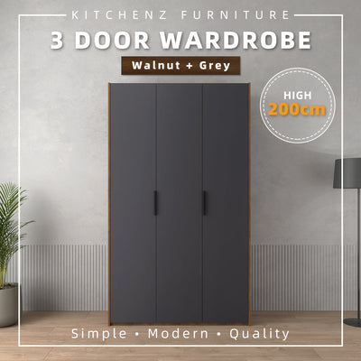 200cm High 3 Door Wardrobe With Matte Black Plastic Handle / Almari Baju / Almari Pakaian-HMZ-FN-WD-6018