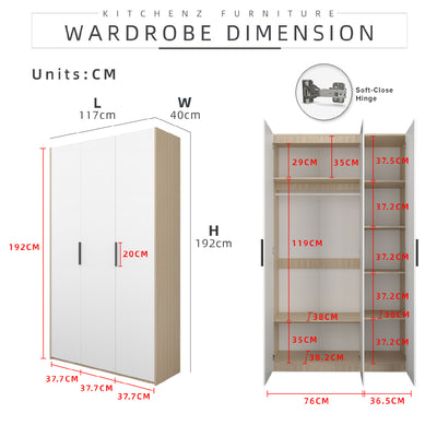 (EM) 192cm High 3 Door Wardrobe With Matte Black Plastic Handle / Almari Baju / Almari Pakaian-HMZ-FN-WD-6418-SBH