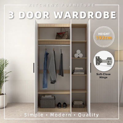 (EM) 192cm High 3 Door Wardrobe With Matte Black Plastic Handle / Almari Baju / Almari Pakaian-HMZ-FN-WD-6418-SBH