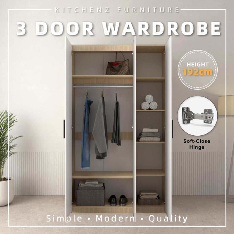 (EM) 192cm High 3 Door Wardrobe With Matte Black Plastic Handle / Almari Baju / Almari Pakaian-HMZ-FN-WD-6418-SBH