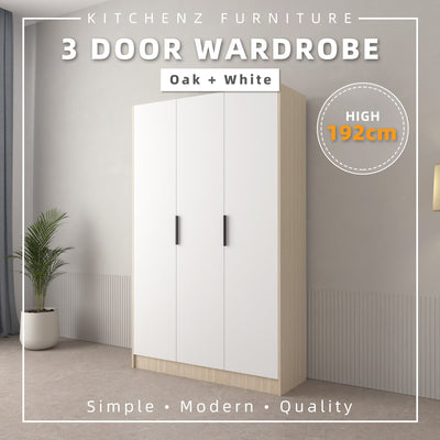 192cm High 3 Door Wardrobe With Matte Black Plastic Handle / Almari Baju / Almari Pakaian-HMZ-FN-WD-6418