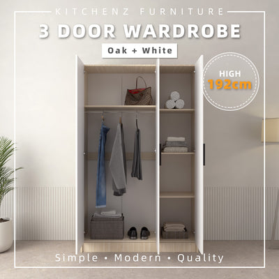 192cm High 3 Door Wardrobe With Matte Black Plastic Handle / Almari Baju / Almari Pakaian-HMZ-FN-WD-6418