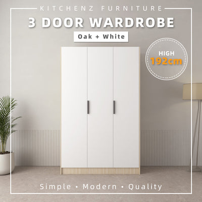 192cm High 3 Door Wardrobe With Matte Black Plastic Handle / Almari Baju / Almari Pakaian-HMZ-FN-WD-6418