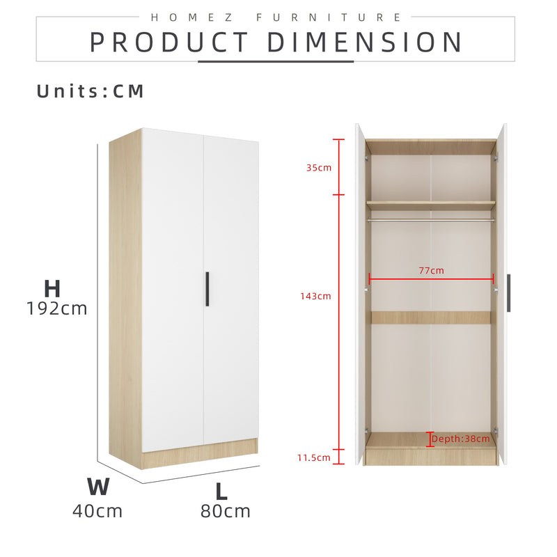 (EM) 192cm Height 2 Door Wardrobe With Matte Black Handle and Hanging Rod / Almari Baju / Almari Pakaian-HMZ-FN-WD-6419-SBH