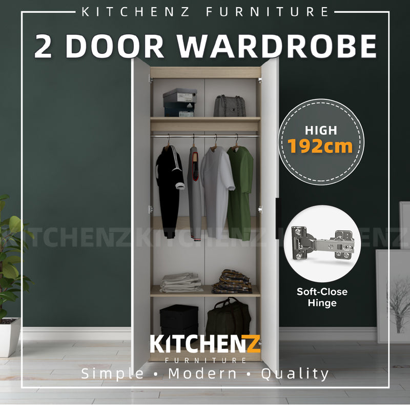 192cm High 2 Door Wardrobe With Matte Black Handle and Hanging Rod / Almari Baju / Almari Pakaian-HMZ-FN-WD-6009/6419