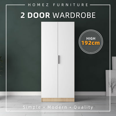 (EM)Jordan Series 192cm Height 2 Door Wardrobe Soft Close Door With Matte Black PVC Handle and Hanging Rod / Almari Baju / Almari Pakaian-HMZ-FN-WD-6419