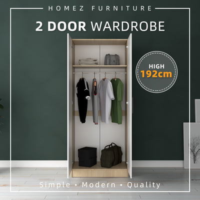 (EM) 192cm Height 2 Door Wardrobe With Matte Black Handle and Hanging Rod / Almari Baju / Almari Pakaian-HMZ-FN-WD-6419-SBH