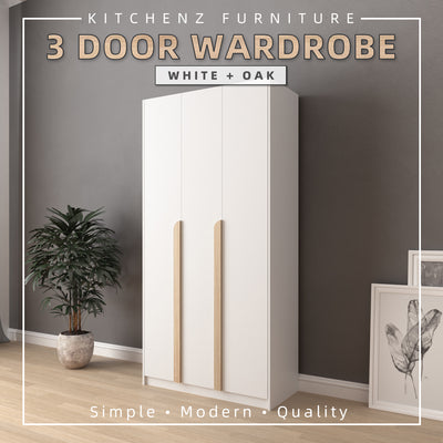 (EM) 3FT 3 Door Wardrobe Particle Board with Hanging Rod-HMZ-FN-WD-S3015