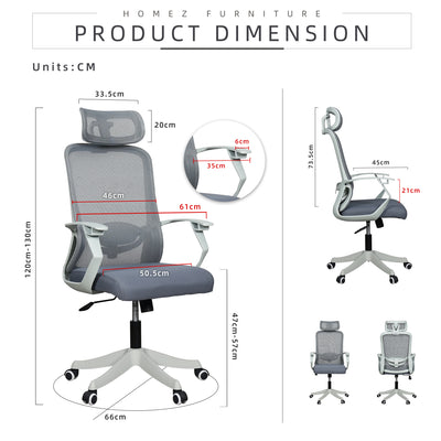 High Back Office Chair Ergonomic Executive Mesh Lumbar Leg Rest Footrest Kerusi Pejabat Ergonomik-Black/Grey