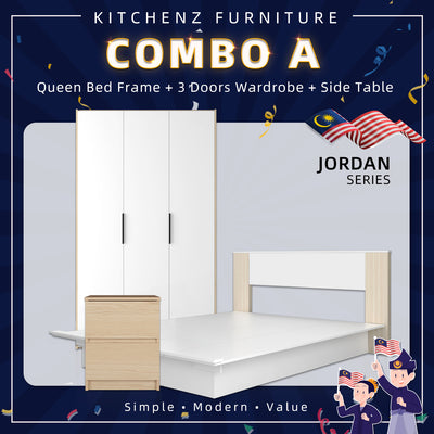[COMBO] Jordan Alexi Simona Combo Set Queen Bed Frame / 3 Doors Wardrobe / Side Table / Coffee Table / TV Cabinet / Display Cabinet-Oak+White/Black