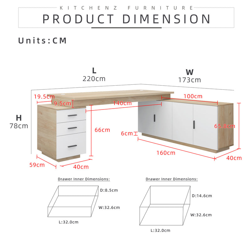 (EM) [FREE Shipping] 7.2FT L-Shaped Table Home Office with 3 Drawers & 4 Cabinet Doors Large Storage Space - M2809-WT+LH