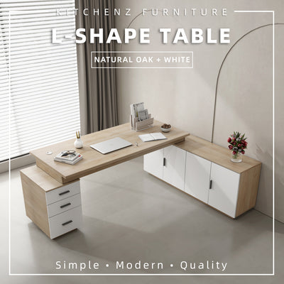 (FREE Shipping) 7.2FT L-Shaped Table Home Office with 3 Drawers & 4 Cabinet Doors Large Storage Space - M2809-WT+LH