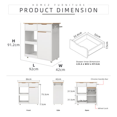 (FREE Shipping) 3FT Sinowa Series Full Melamine Kitchen Food Trolley / Kitchen Storage - HMZ-KBC-M5808-WT