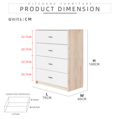 2.6FT Alona Series 4 Layer Full Melamine Chest Drawer with Handle Bedroom Series - HMZ-FN-CD-M7801-LH+WT